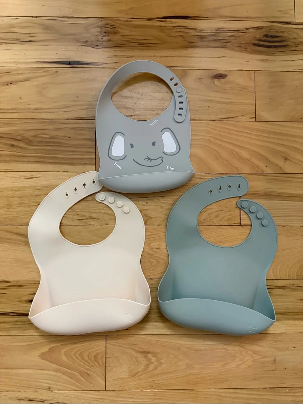 Silicone Baby Bib Set - Gray Elephant, Cream, and Sage